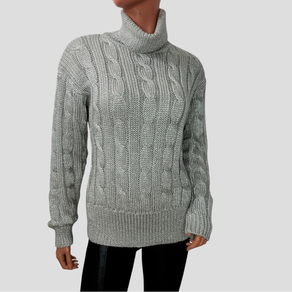 90s Liz Claiborne Women’s M Metallic Cable Knit Turtleneck Sweater Silver Gray - Picture 3 of 16